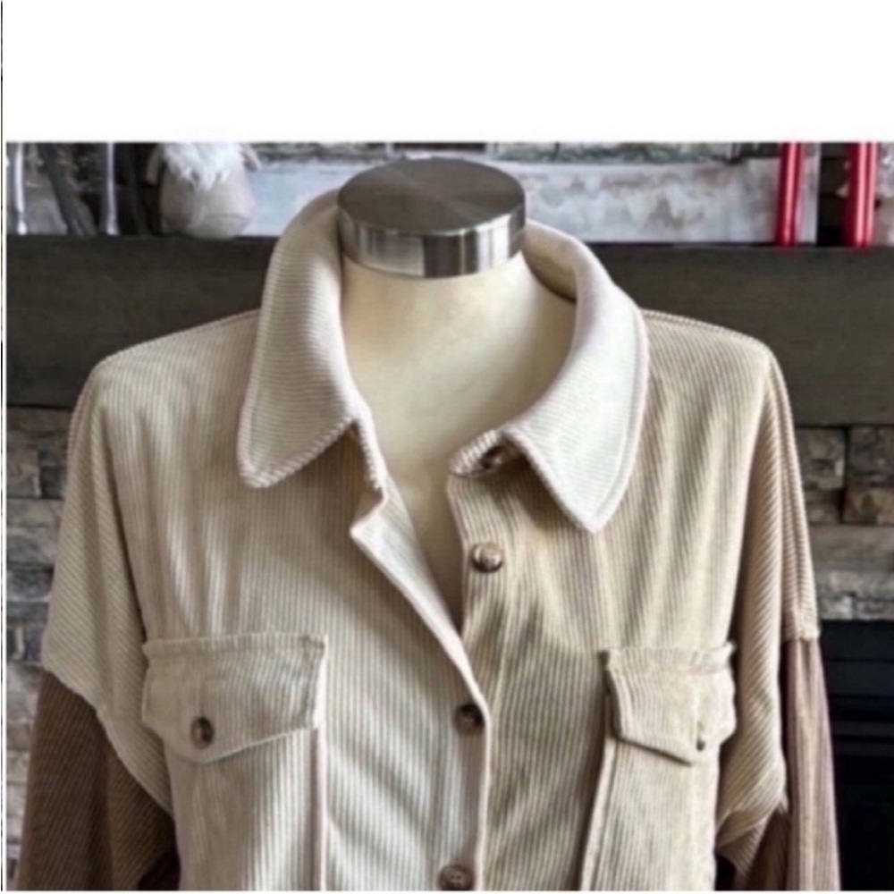 Cream and Tan Peplum Button Down Shirt - Picture 2 of 13
